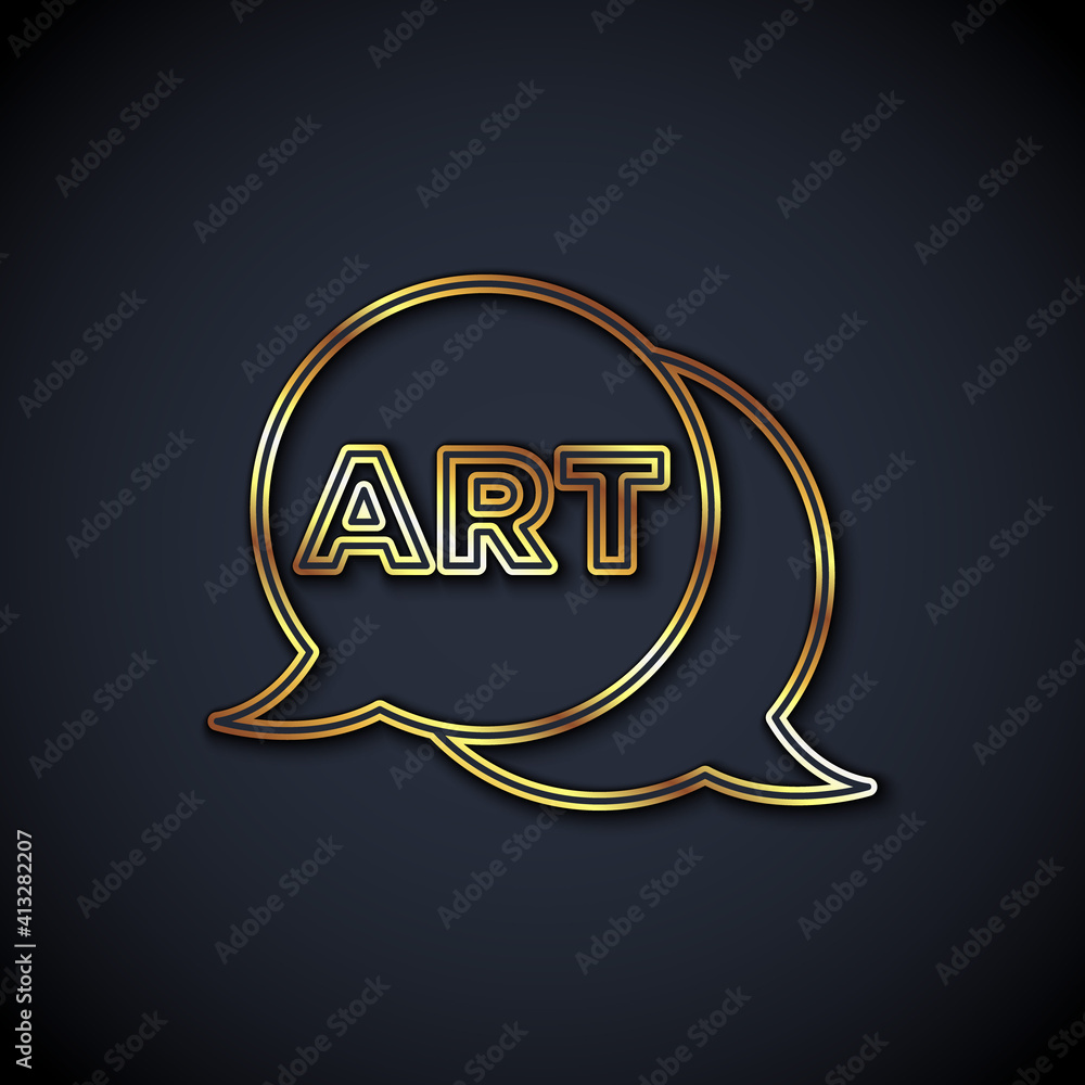 Gold line Speech bubble with text art icon isolated on black background. Message icon. Communication