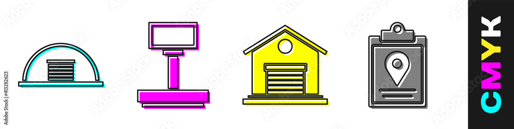 设置机库、秤、仓库和文档跟踪标记系统图标。矢量。