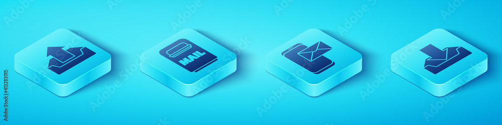 Set Isometric Upload inbox, Mail box, Download inbox and Mobile and envelope icon. Vector