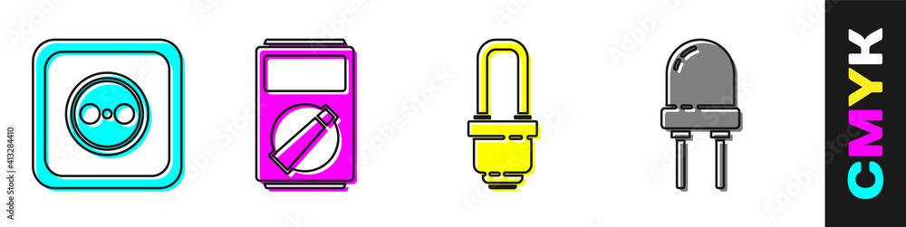 设置电源插座、万用表、LED灯泡和发光二极管图标。矢量。