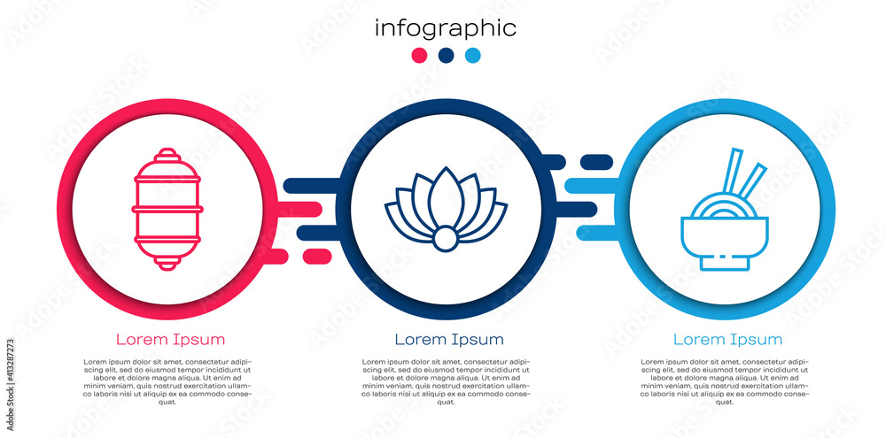 将中国纸灯笼、莲花和亚洲面条放在碗里。商业信息图模板