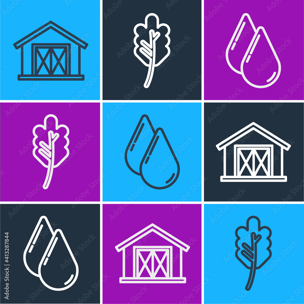 Set line Farm house, Water drop and Leaf or leaves icon. Vector.