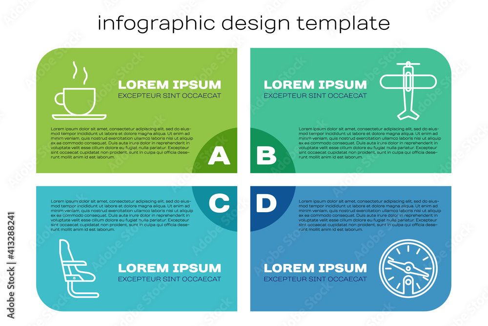 Set line Airplane seat, Coffee cup, Compass and Plane. Business infographic template. Vector.