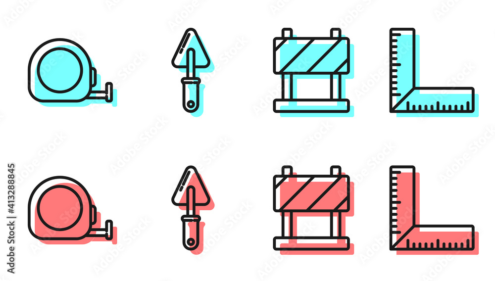 Set line Road barrier, Roulette construction, Trowel and Corner ruler icon. Vector.