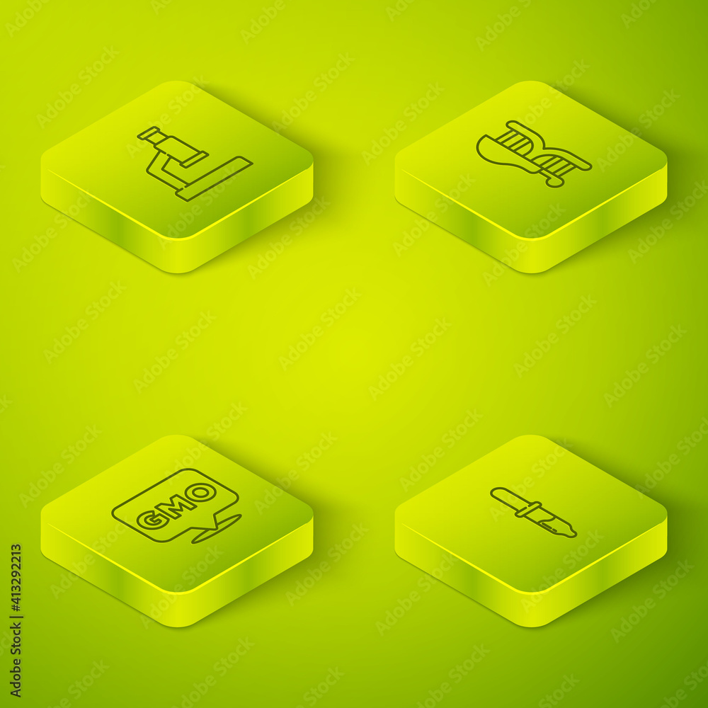 Set Isometric line Genetically modified chicken, GMO, Pipette and Microscope icon. Vector.