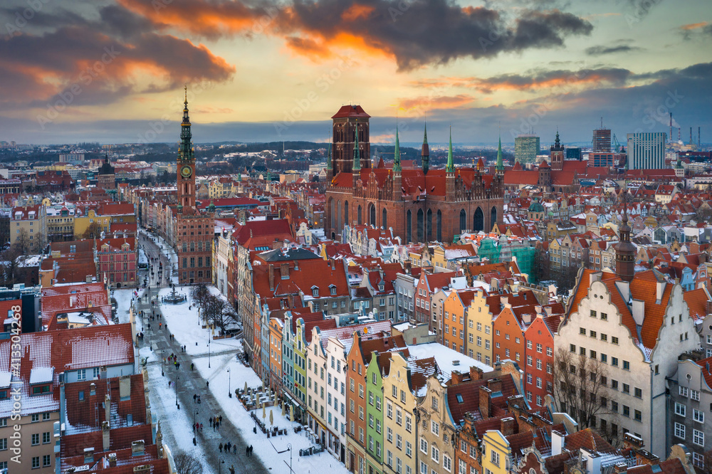 Beautiful old town of Gdansk with Saint Mary Basilica at sunset, Poland