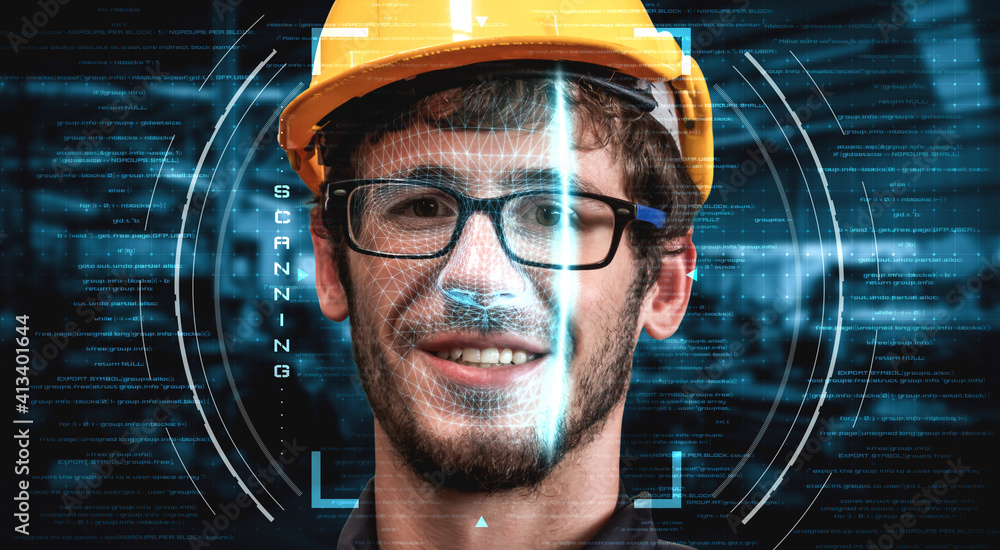 Facial recognition technology for industry worker to access machine control . Future concept interfa