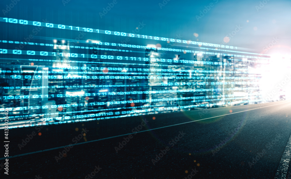 Digital data flow on road with motion blur to create vision of fast speed transfer . Concept of futu