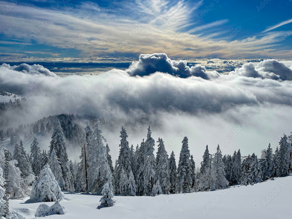 空中俯瞰雾和雪覆盖的山谷上方晴朗的天空