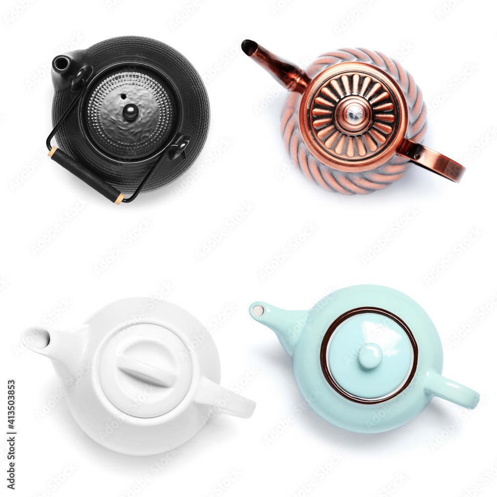 Set of different teapots on white background, top view