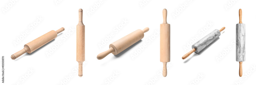 Collage of different rolling pins on white background