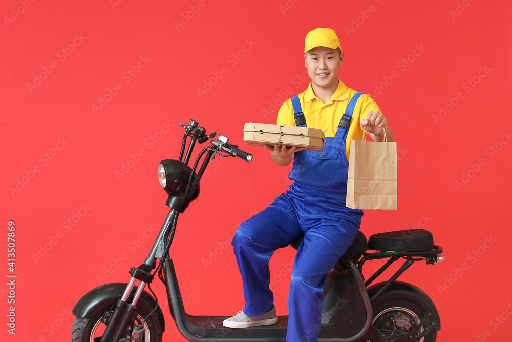 Courier of food delivery service on color background