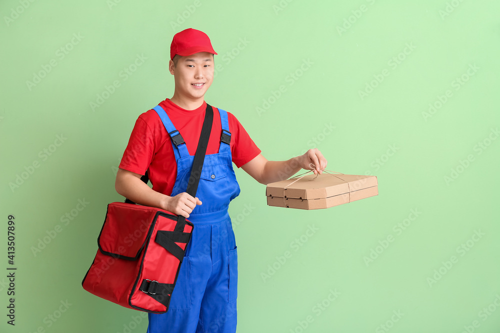 Courier of food delivery service on color background