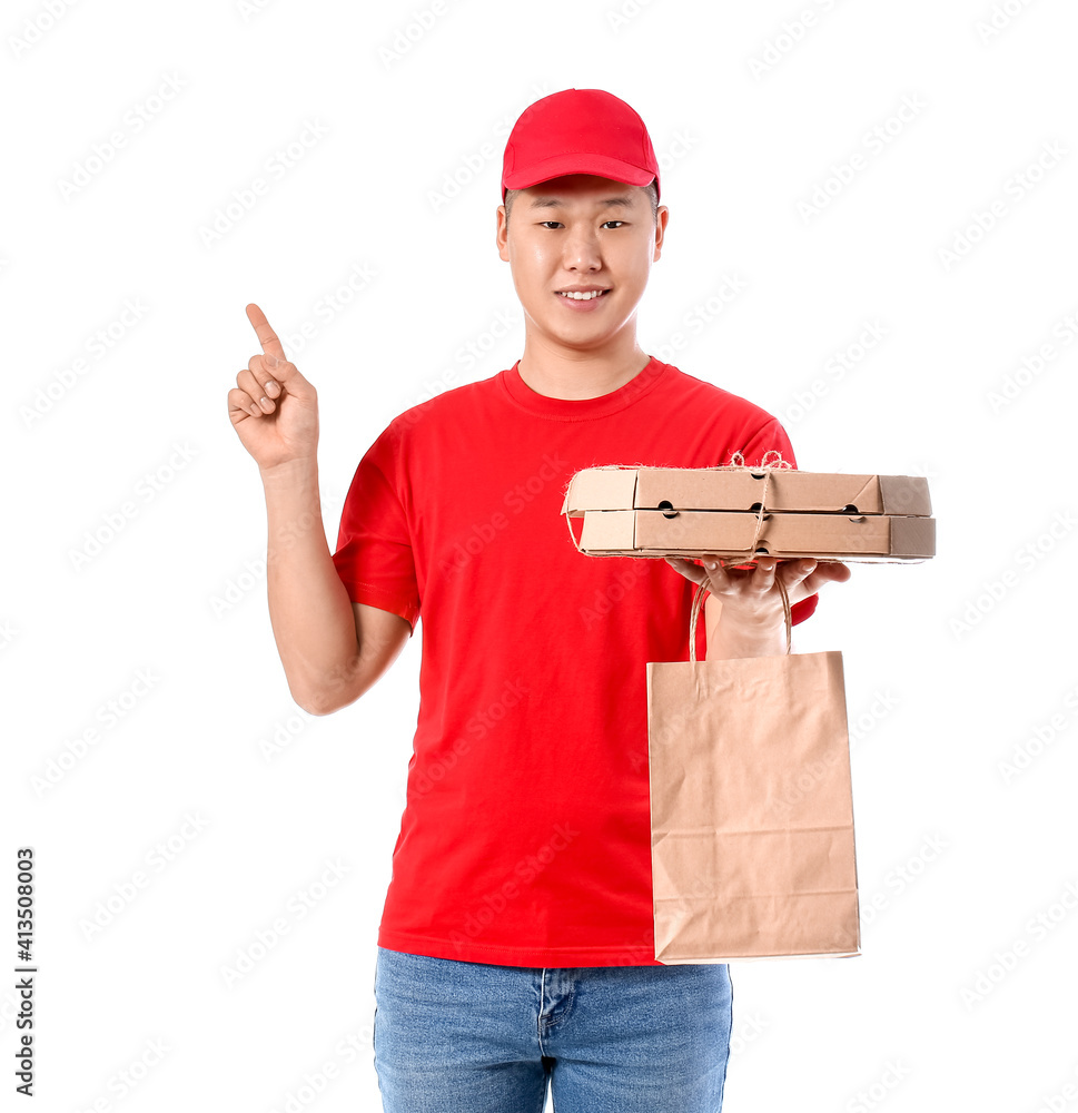 Courier of food delivery service on white background