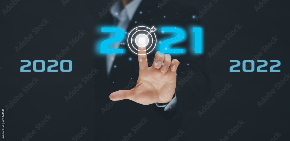 Business touch target and number new year2021, innovative idea of ​​inspiration from online technolo