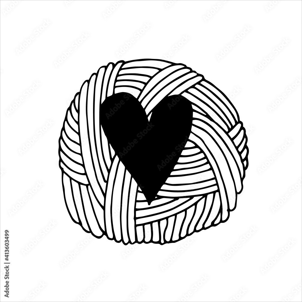 vector illustration in doodle style. cute ball of wool with a heart. black and white picture, logo. 