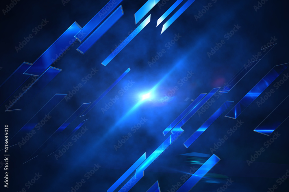 Abstract illustration of blue glowing square shapes and bright spot of light against blue background