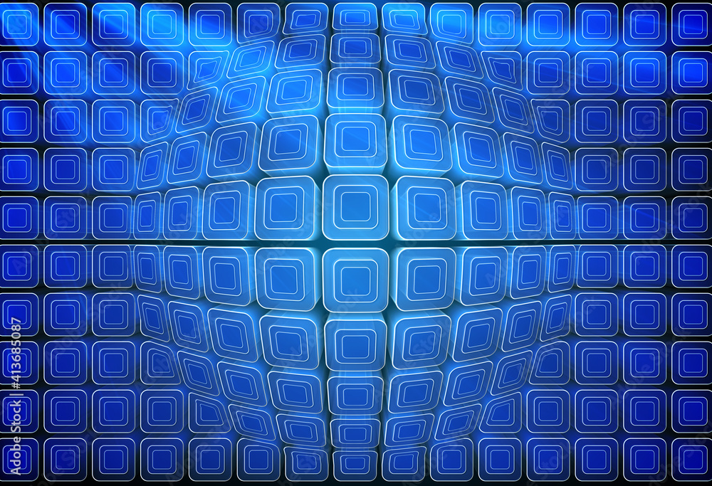 Abstract illustration of blue geometrical square shapes against black background