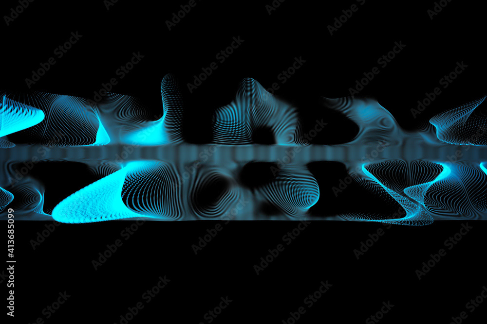 Abstract illustration of glowing blue digital mesh wave against black background