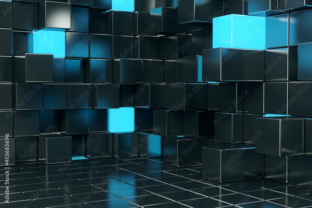 Abstract illustration of blue and black 3d cubes texture design background