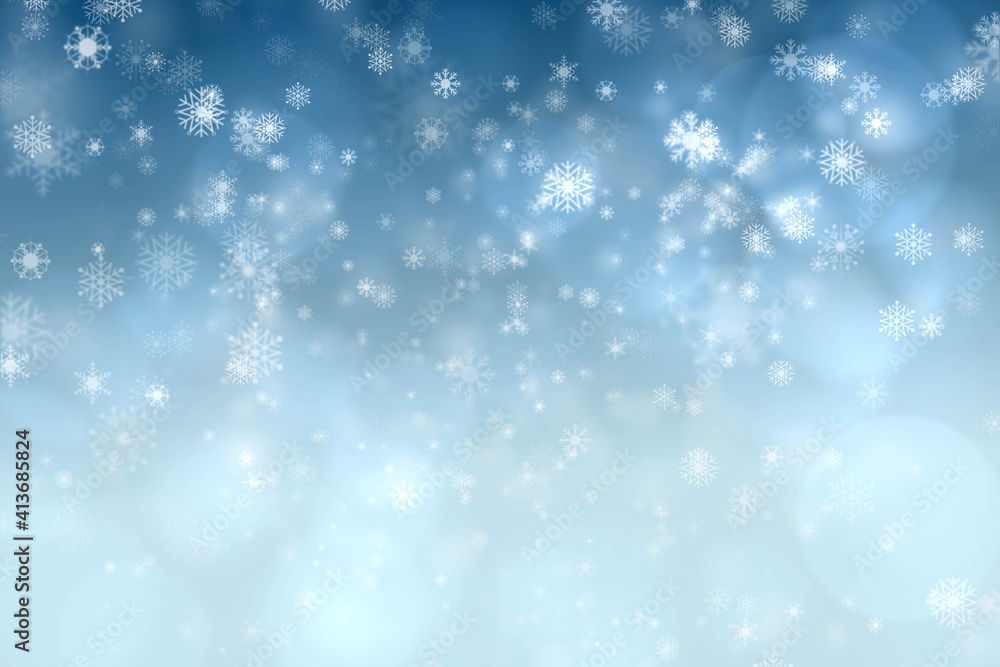 Abstract illustration of christmas snowflakes and spots of bokeh light against blue background