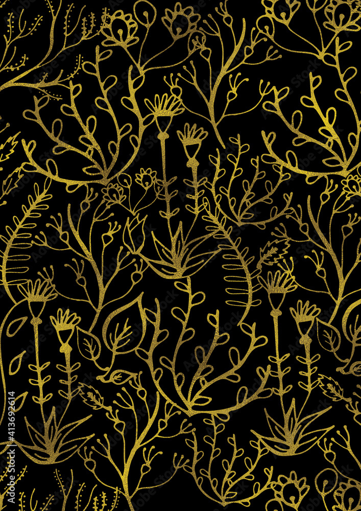 Abstract illustration of decorative golden floral designs against black background