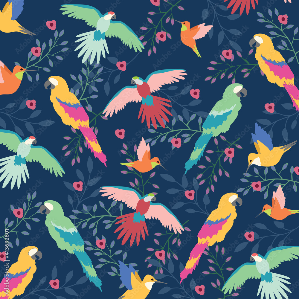 Digitally generated illustration of beautiful tropical exotic parrot birds and floral leaves against