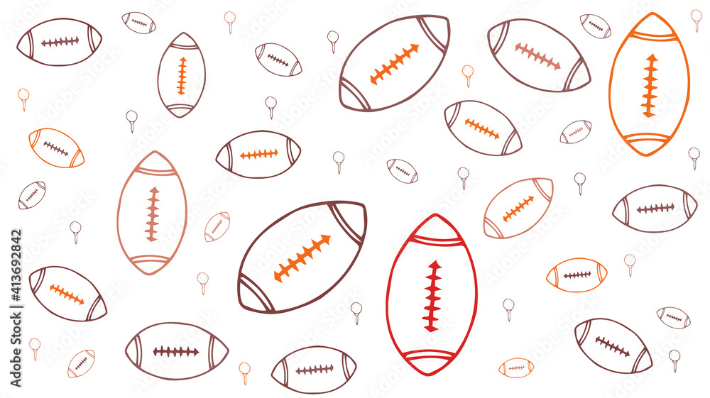 Abstract illustration of multicolor rugby ball icons in seamless pattern against white background