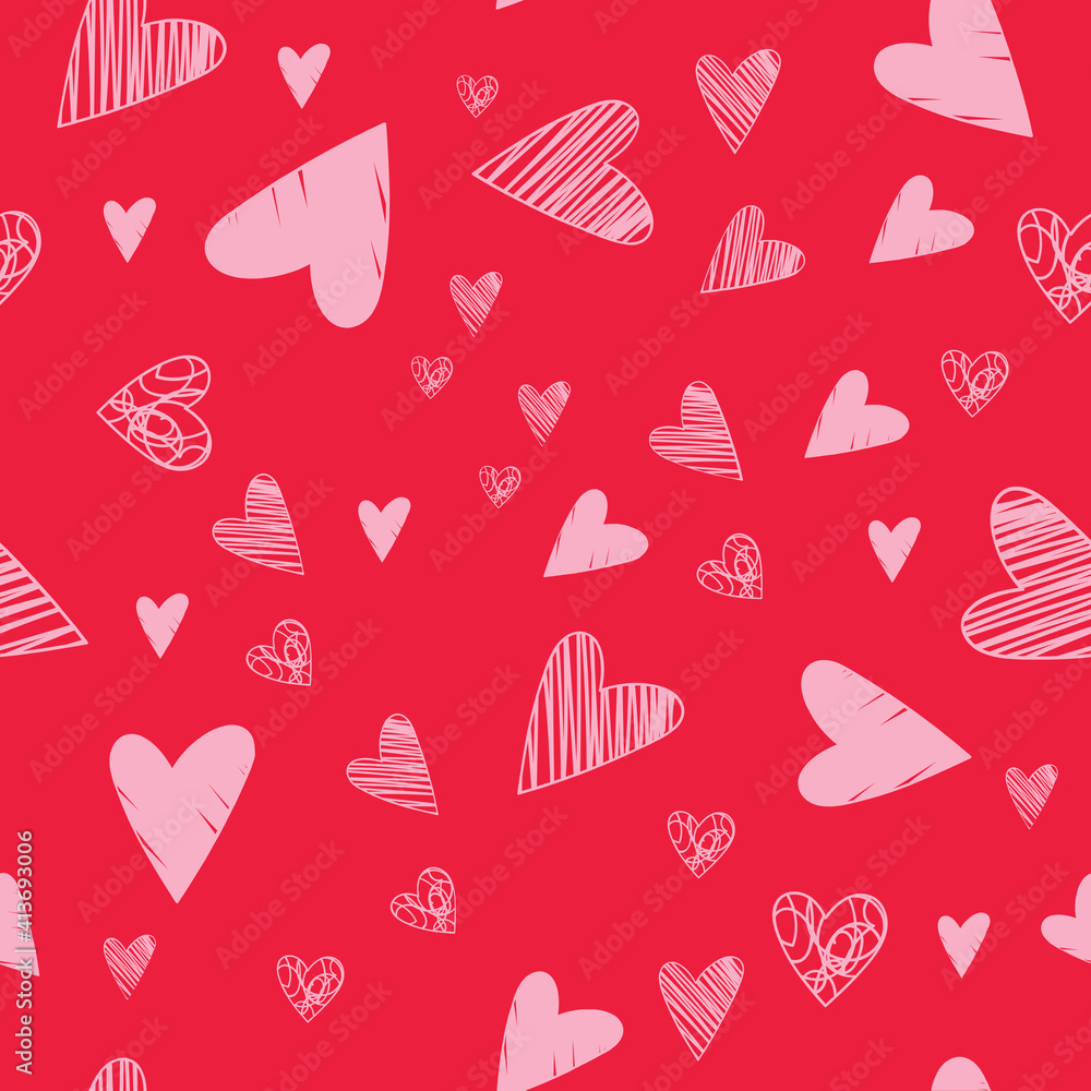 Multiple pink hearts on red background