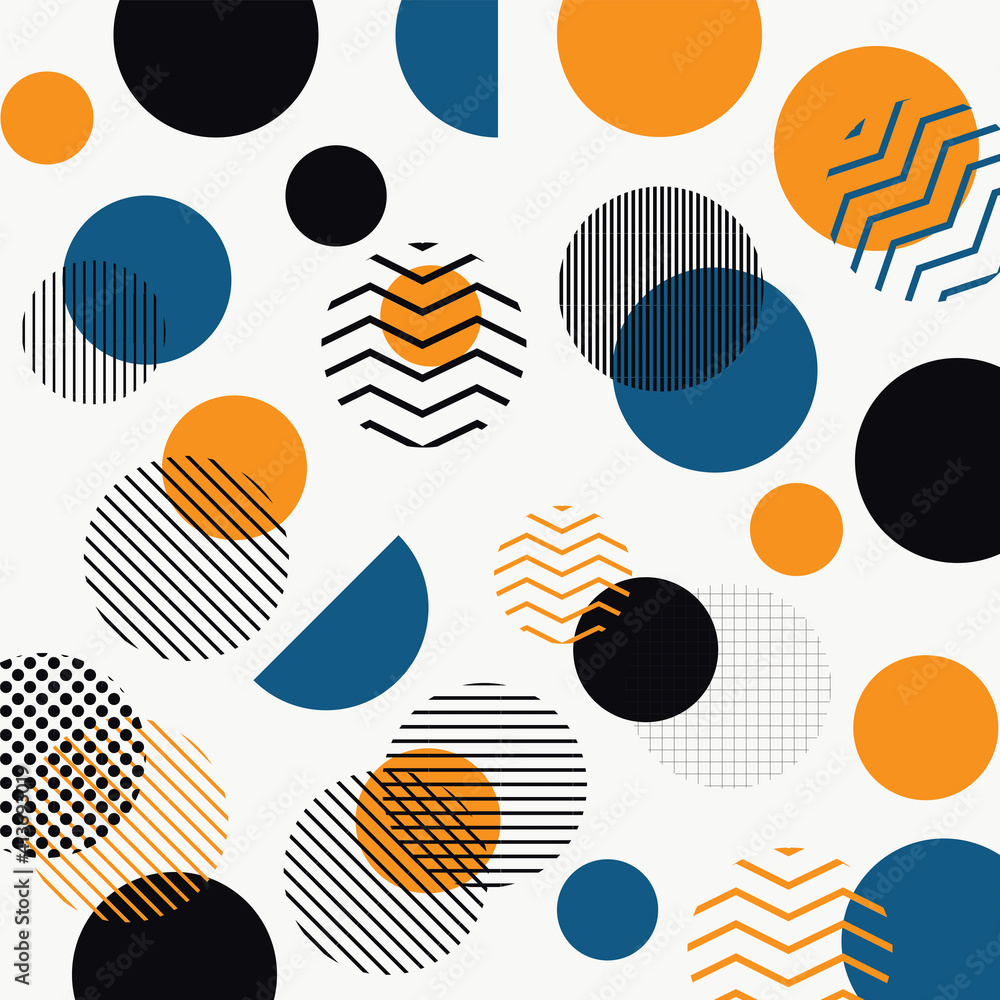 Multiple orange, blue and black spots with stripes on white background