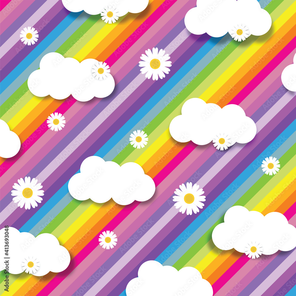 Daisies and white clouds on colourful rainbow background