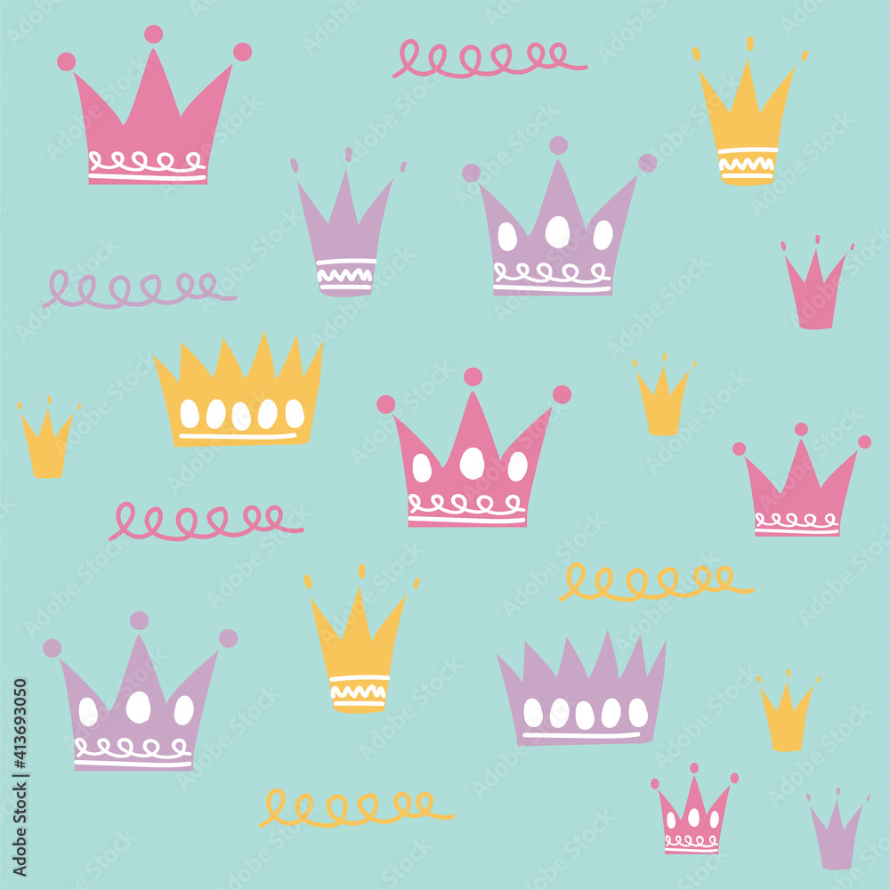 Multiple colourful crowns and squiggles on green background