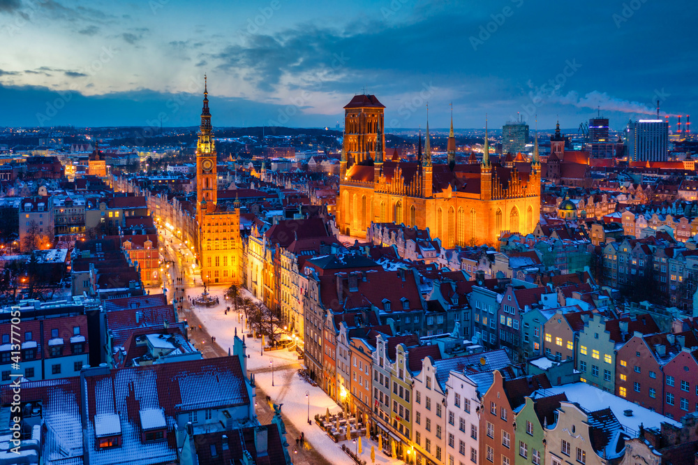 Beautiful old town in Gdansk at winter dusk, Poland