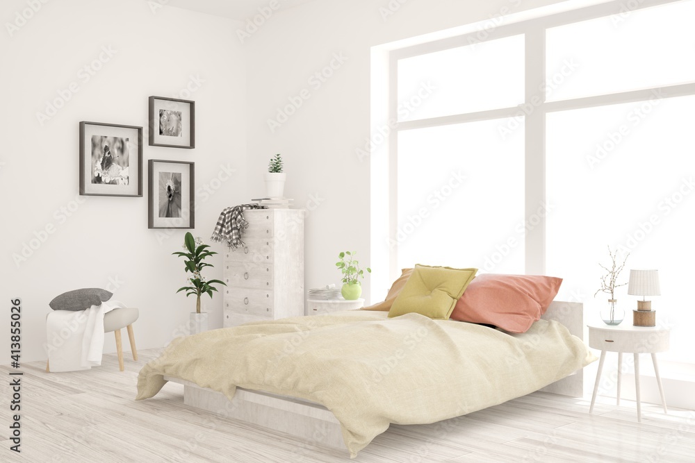 White bedroom interior. Scandinavian design. 3D illustration