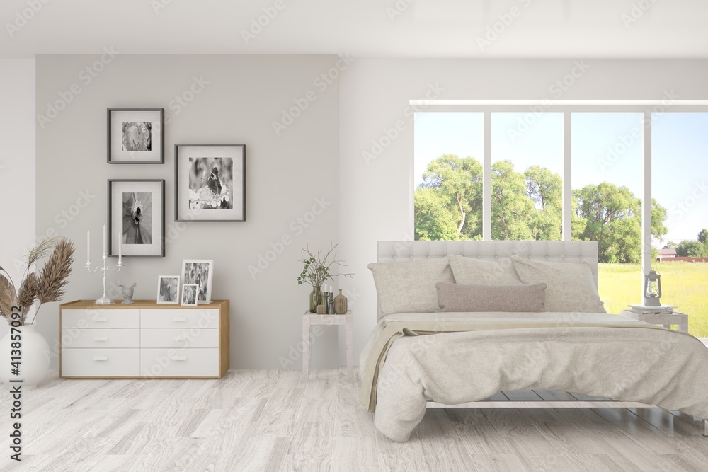 Stylish bedroom in white color with summer landscape in window. Scandinavian interior design. 3D ill