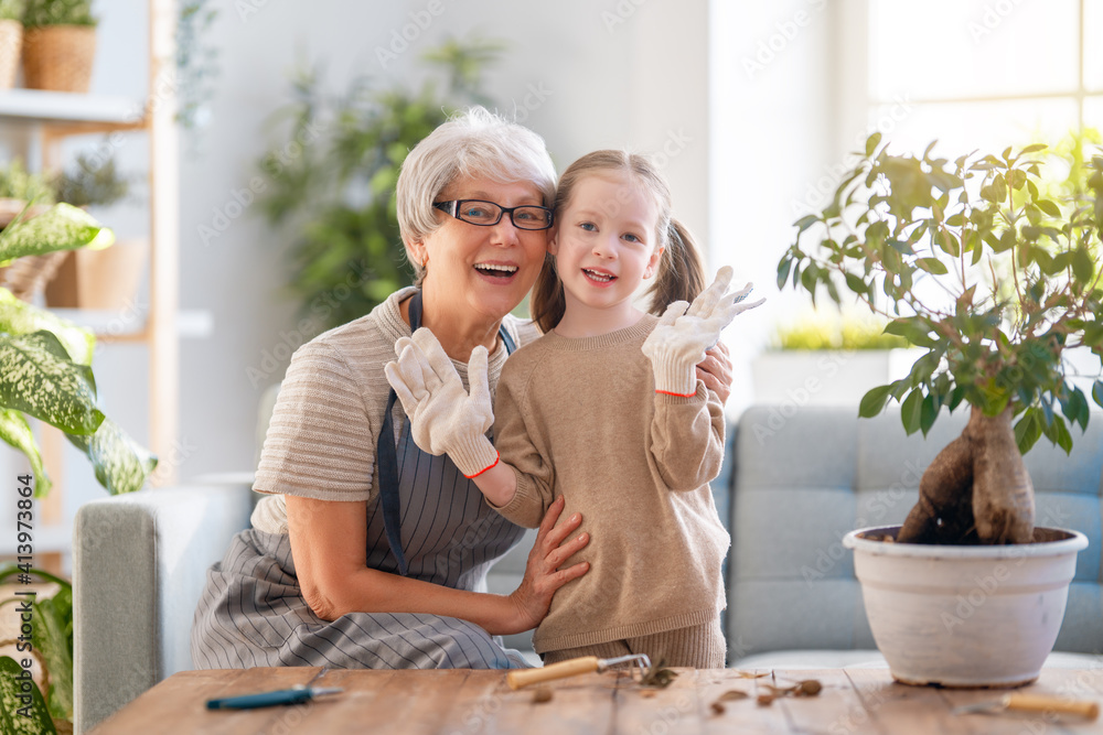 Family caring for plants.