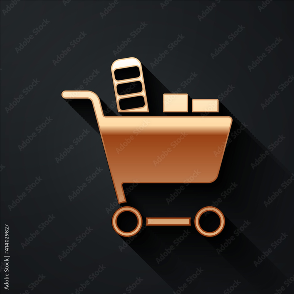 Gold Shopping cart and food icon isolated on black background. Food store, supermarket. Long shadow 