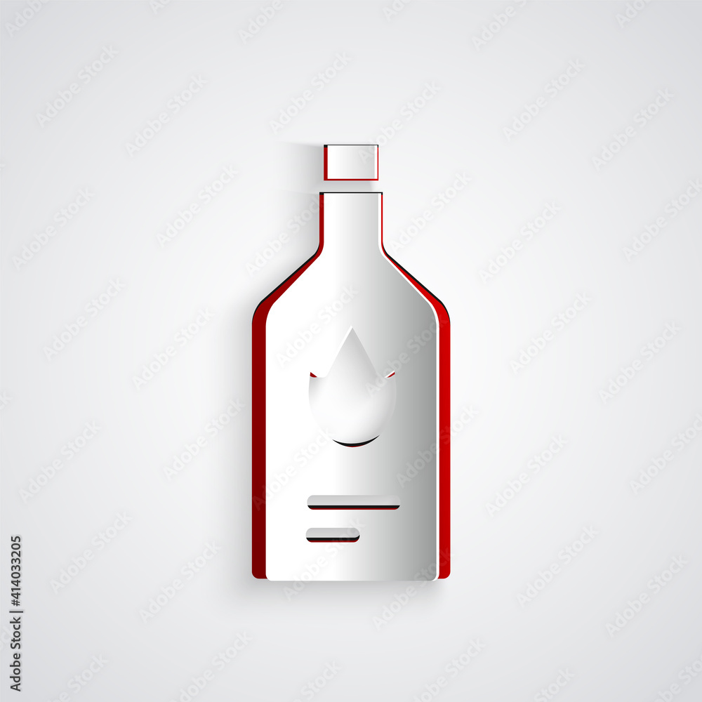 Paper cut Tabasco sauce icon isolated on grey background. Chili cayenne spicy pepper sauce. Paper ar