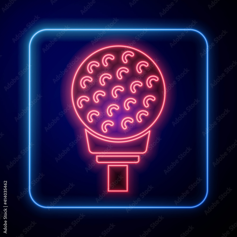 Glowing neon Golf ball on tee icon isolated on black background. Vector.