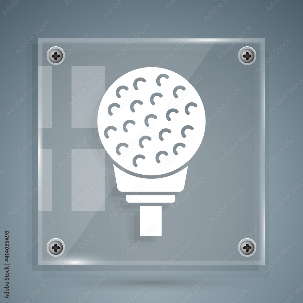 White Golf ball on tee icon isolated on grey background. Square glass panels. Vector.