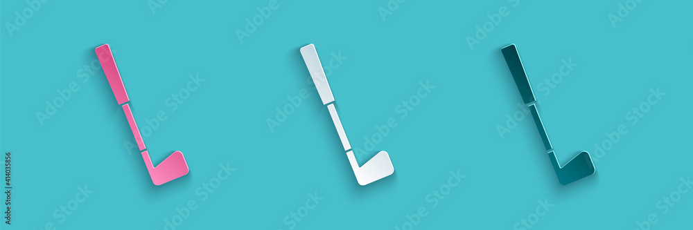 Paper cut Golf club icon isolated on blue background. Paper art style. Vector.