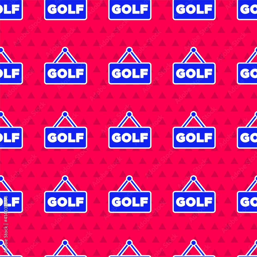 Blue Golf label icon isolated seamless pattern on red background. Vector.