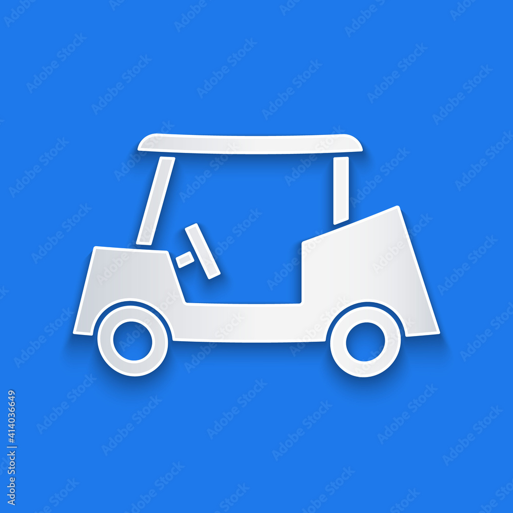 Paper cut Golf car icon isolated on blue background. Golf cart. Paper art style. Vector.