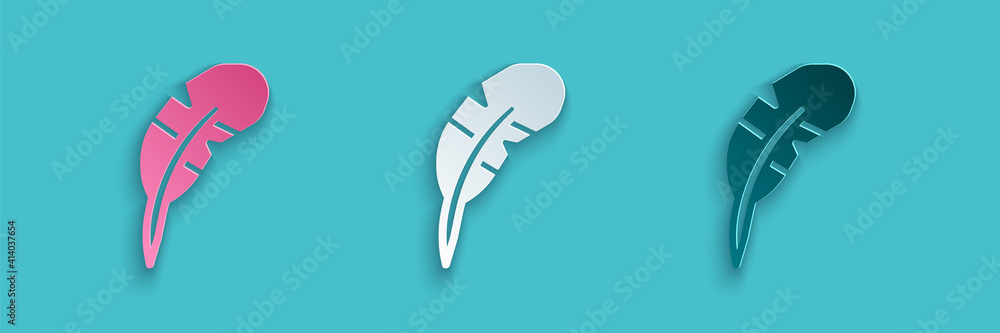 Paper cut Feather pen icon isolated on blue background. Paper art style. Vector.