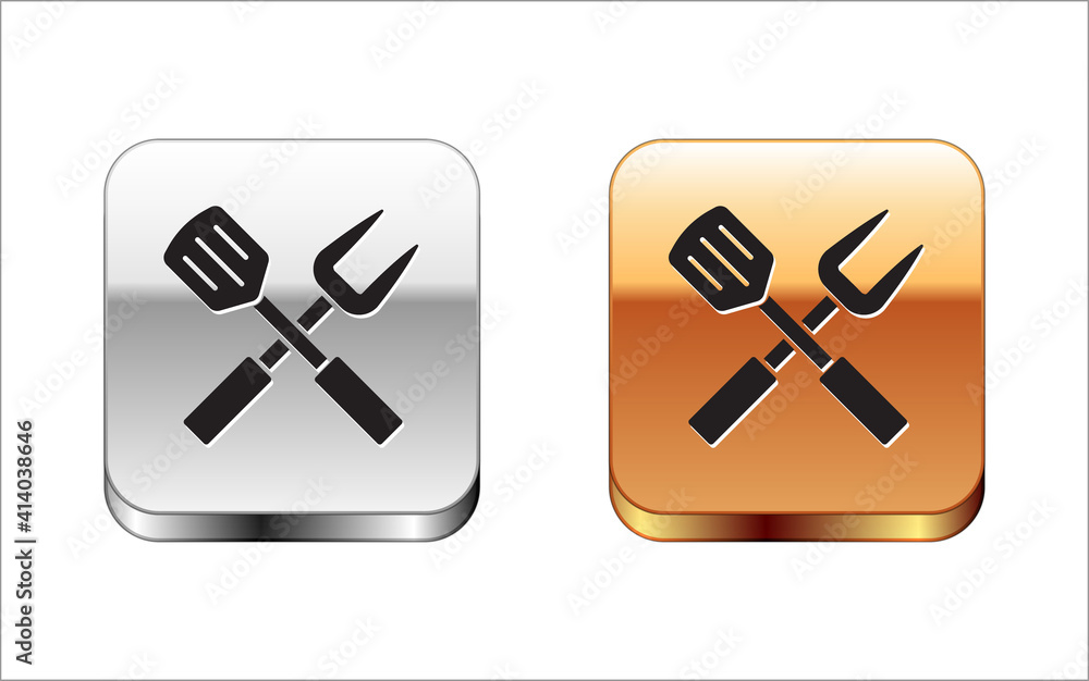 Isometric Crossed fork and spatula icon isolated on white background. BBQ fork and spatula sign. Bar