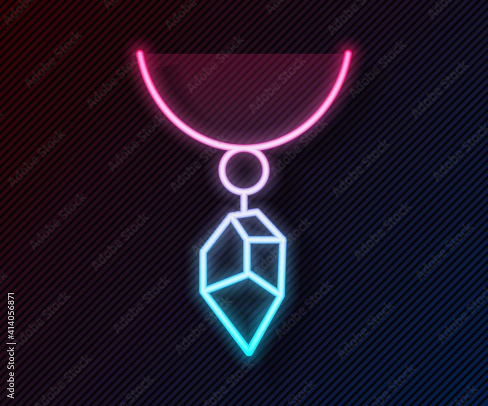 Glowing neon line Necklace with crystal icon isolated on black background. Vector.