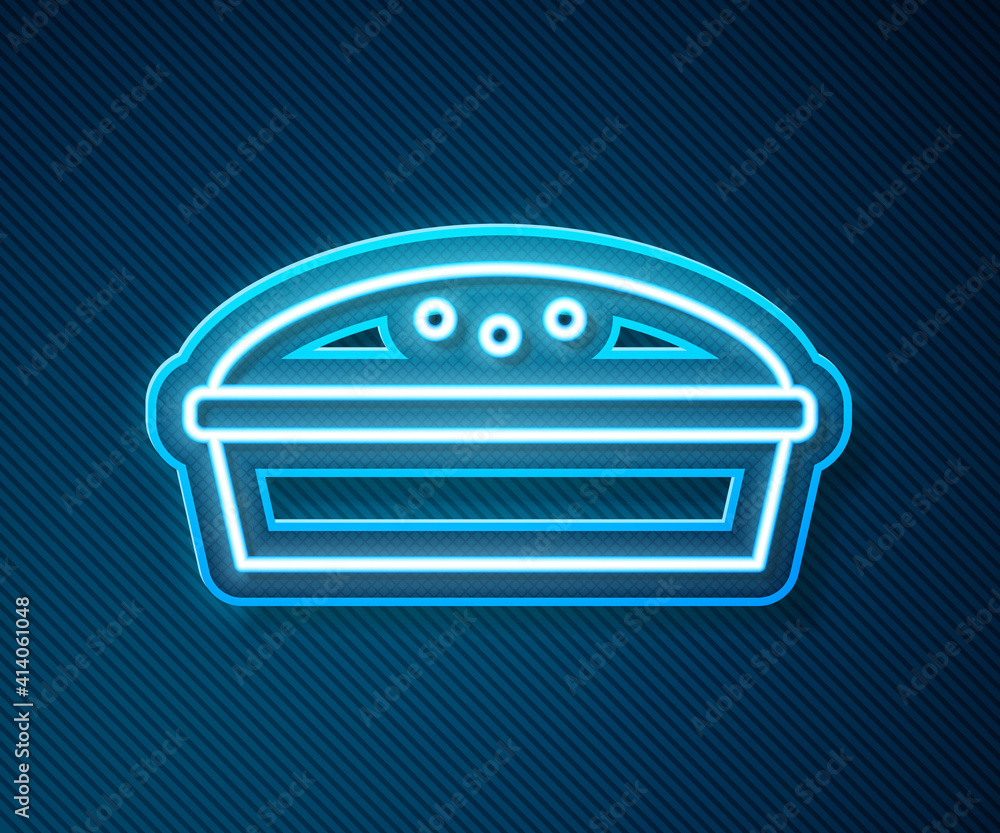 Glowing neon line Homemade pie icon isolated on blue background. Vector.