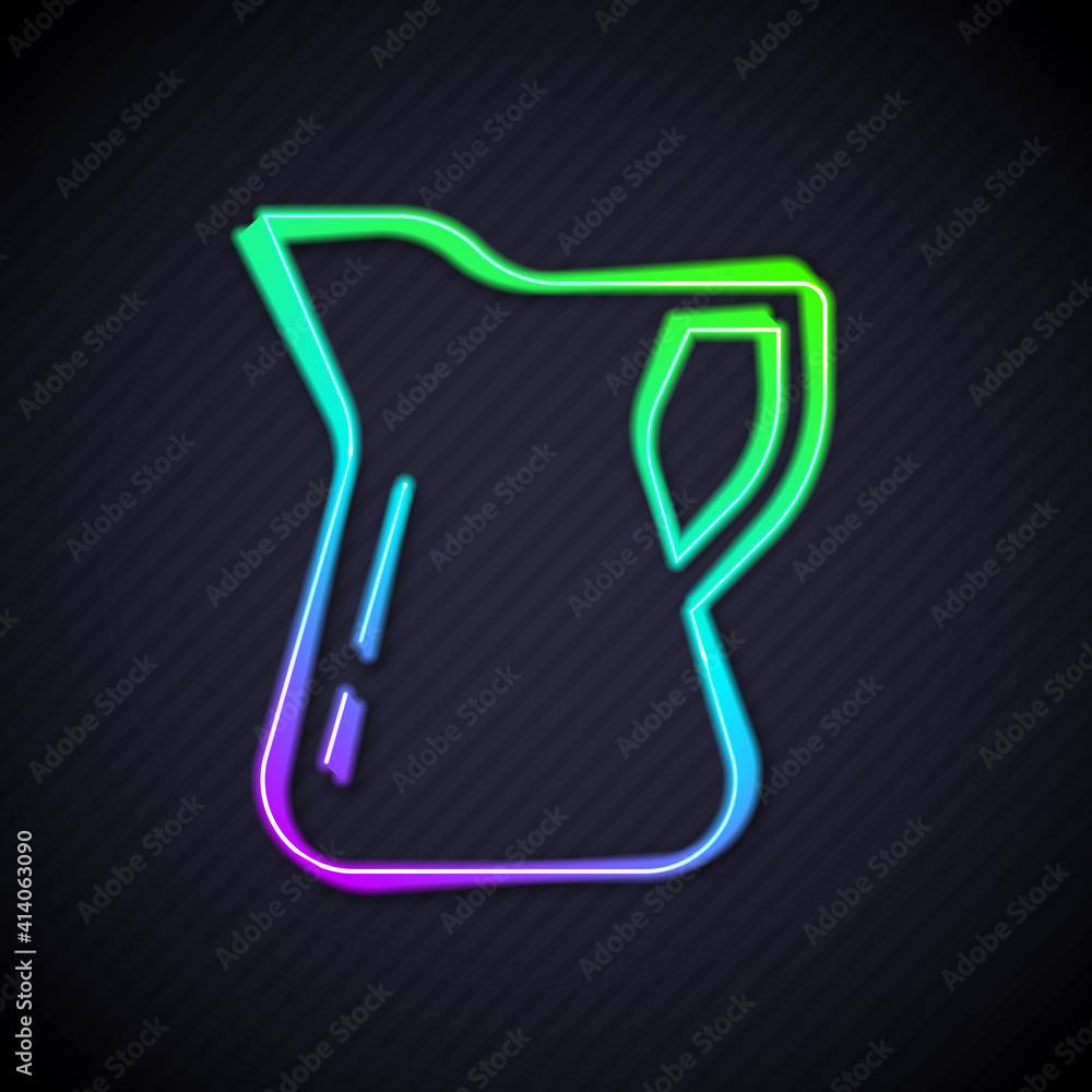 Glowing neon line Bottle of olive oil icon isolated on black background. Jug with olive oil icon. Ve