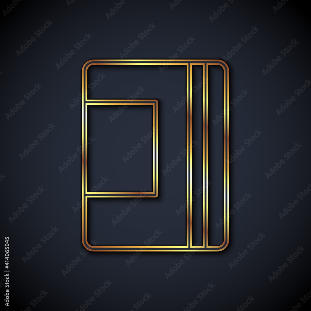 Gold line Notebook icon isolated on black background. Spiral notepad icon. School notebook. Writing 