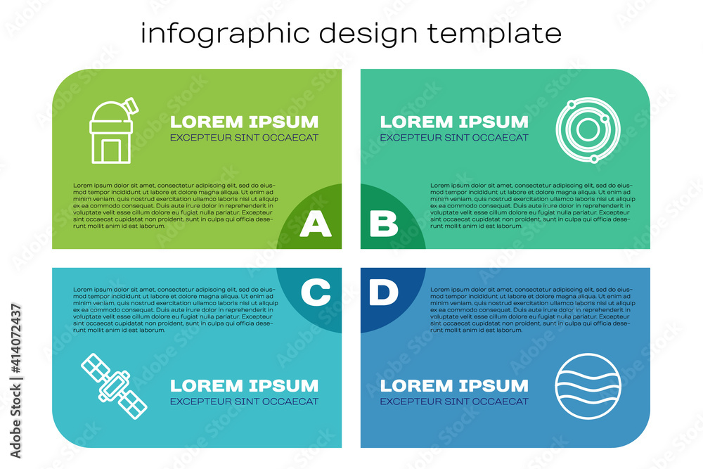 定位卫星，天文台，行星和太阳系。商业信息图模板
